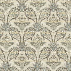 A fabric with a paisley pattern in shades of ivory and grey.