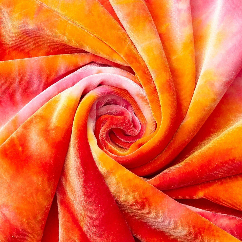 Red-Orange Tie Dye stretch velvet fabric — sold by the yard