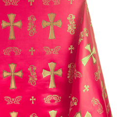 Red fabric with gold crosses and decorative patterns| Sold by Beautiful Windows Elgin
