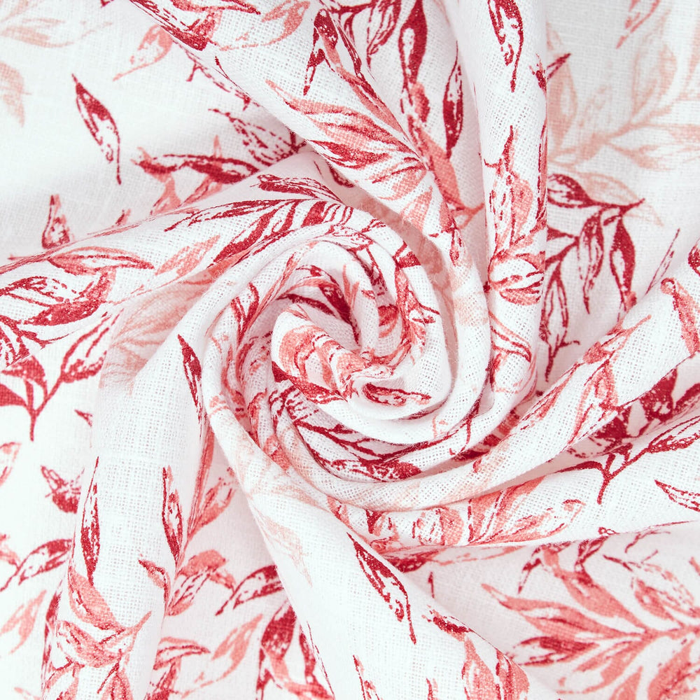 White-Red Pebble upholstery bay leaf print with a linen-look texture.