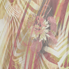 A piece of abstract jungle printed chiffon fabric with a floral and animal pattern in a multicolor palette.
