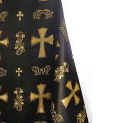 Black fabric with gold embroidery of crosses and decorative patterns on a white background| Beautiful Windows Elgin