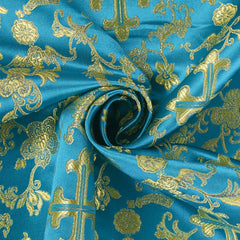Premium Turquoise Gold Church Cross Brocade Fabric – 58 Wide