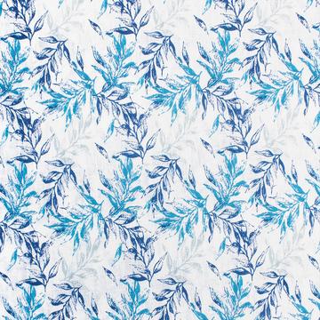 HEIRLOOM WHITE-BLUE BAY LEAF PRINT LINEN-LOOK MATERIAL