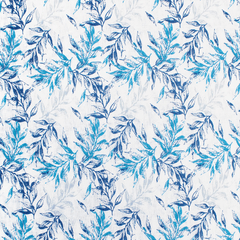 A woven textile material with a white and blue bay leaf print pattern| Beautiful Windows Elgin