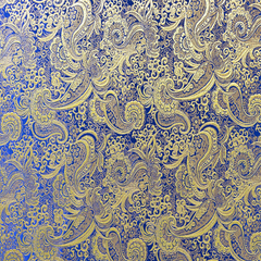 A woven royal blue and gold paisley brocade fabric with intricate patterns| Sold by Beautiful Windows Elgin