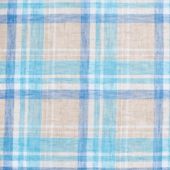 A checkered fabric with a linen-like appearance, featuring a pattern of geometric plaid in multiple colors including blue and tan| Beautiful Windows Elgin