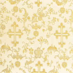 Detailed view of ivory gold Church Cross brocade fabric, metallic elegant religious textile"