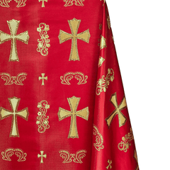 Red fabric with gold crosses and decorative patterns | Sold by Beautiful Windows Elgin