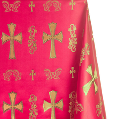 Church Clerical Cross Brocade—Composition: 41% Nylon, 36% Polyester, 23%— Red and Gold Color— 58 Inches Wide—Available  by the Yard—Nationwide Shipping