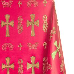 Red fabric with gold crosses and decorative patterns| Sold by Beautiful Windows Elgin