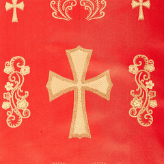 Gold cross and decorative elements on a red background | sold by Beautiful Windows Elgin