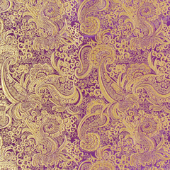 A woven textile with a purple and gold paisley brocade pattern| Sold by Beautiful Windows Elgin