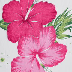 Floral pattern featuring a prominent pink hibiscus flower and green leaves on a white background| Beautiful Windows Elgin nationwide shipping