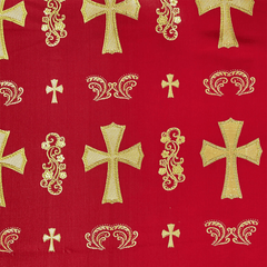 Red fabric with gold crosses and decorative patterns | Sold by Beautiful Windows Elgin