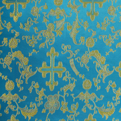 Premium Turquoise Gold Church Cross Brocade Fabric – 58 Wide