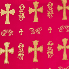 Gold crosses and decorative elements on a red background| Sold by Beautiful Windows Elgin