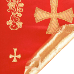 Red fabric with gold embroidery including crosses and floral patterns | sold by Beautiful Windows Elgin