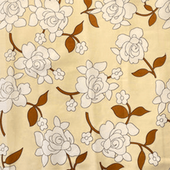 A beige cotton poplin fabric with a floral pattern, featuring white roses with colored stems.
