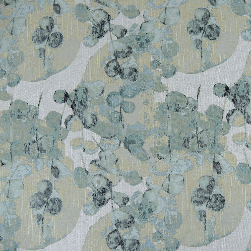 A fabric with a floral pattern in shades of blue and green on a white background. Beautiful Windows Elgin