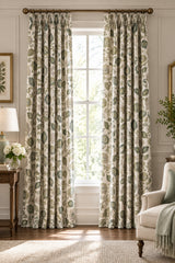 Patterned fabric with green and beige leaves on a white background