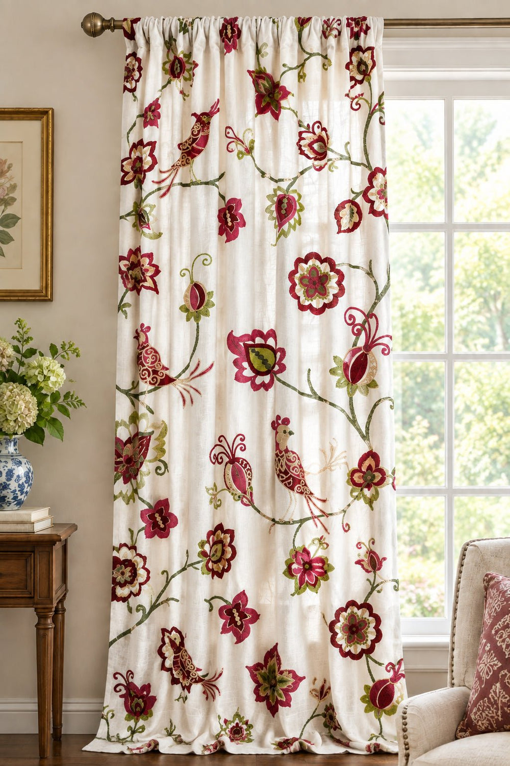 Floral and bird pattern on a white background
