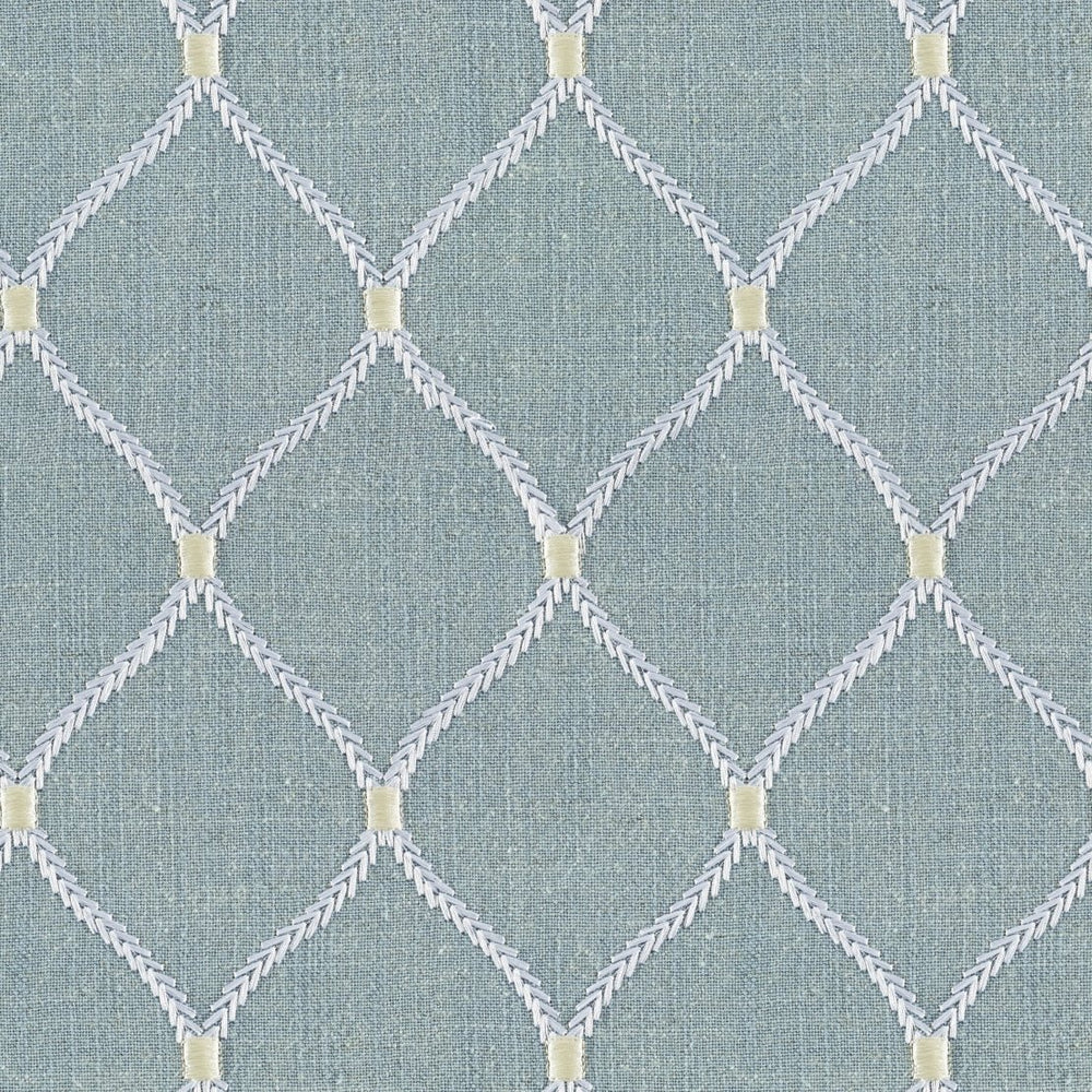 A fabric featuring a geometric pattern of diamonds in a light blue and cream color scheme Beautiful Windows Elgin