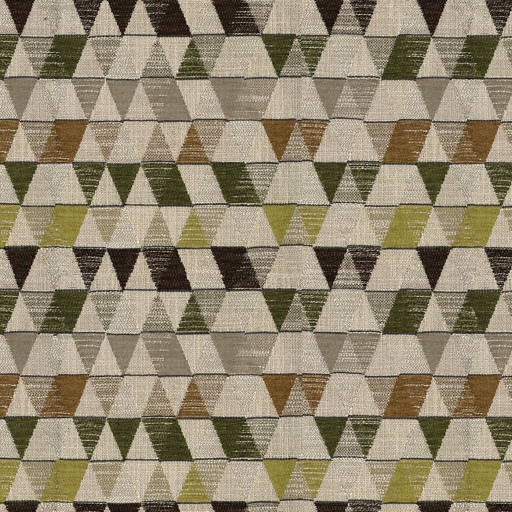 A fabric with a geometric pattern featuring triangles and diamonds in various shades of green, black, and grey. Sold by Beautiful Windows Elgin