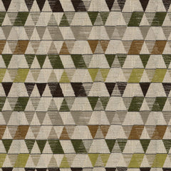 A fabric with a geometric pattern featuring triangles and diamonds in various shades of green, black, and grey. Sold by Beautiful Windows Elgin