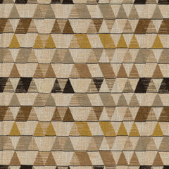A close-up image of a caramel-colored linen blend fabric with a geometric pattern consisting of small triangles arranged in a larger geometric design.