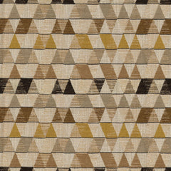 A close-up image of a caramel-colored linen blend fabric with a geometric pattern consisting of small triangles arranged in a larger geometric design.