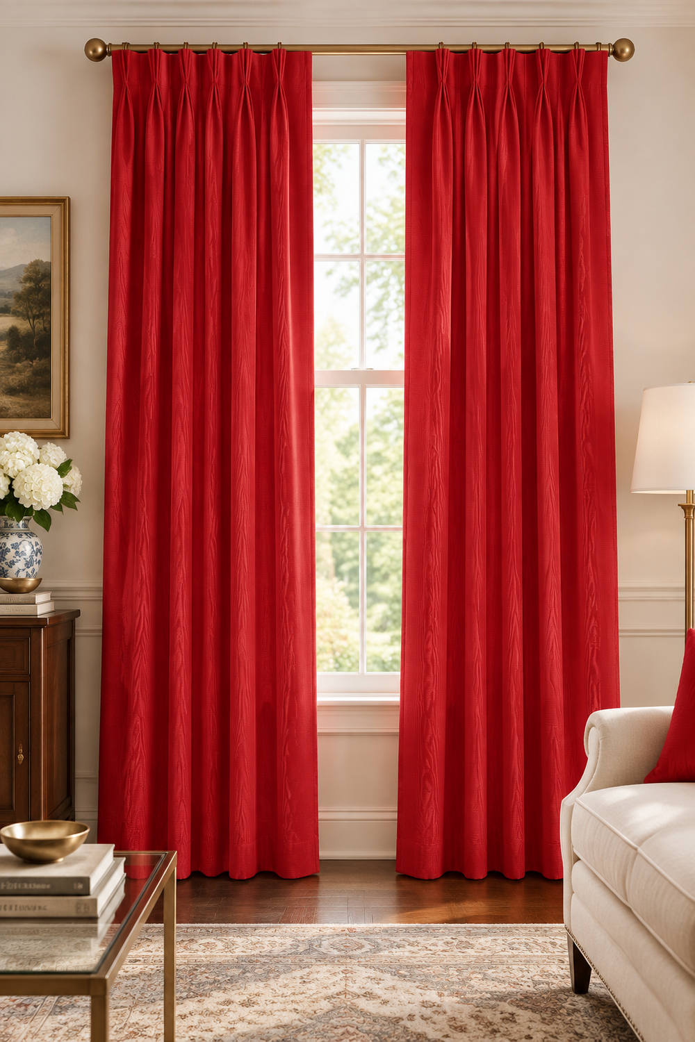 Moiré Medley pinch pleat curtain panel in Turkey Red