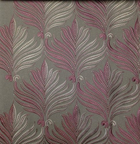 Close-up view of a Ledbury purple and grey damask pattern fabric, showcasing its texture and the intricate damask design.