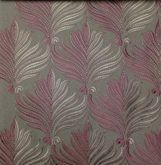 Close-up view of a Ledbury purple and grey damask pattern fabric, showcasing its texture and the intricate damask design.