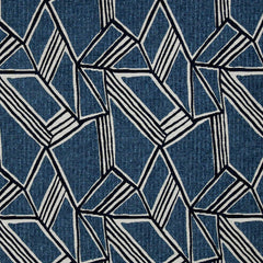 Close-up view of a blue geometric collage fabric with a modern pattern consisting of interconnected shapes | Sold by Beautifulwindowselgin.com