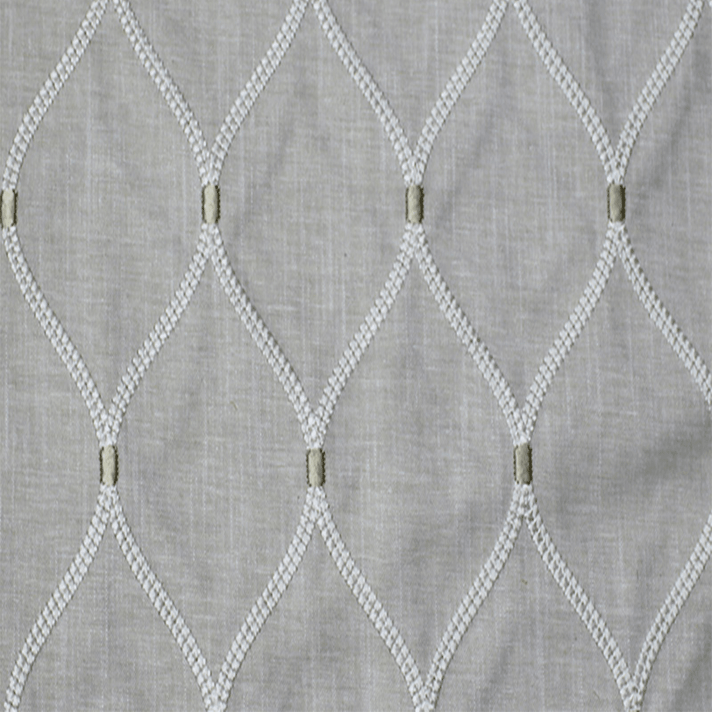 Textured drapery fabric with a geometric pattern in platinum & cream colors| Sold by beautifulwindowselgin.com