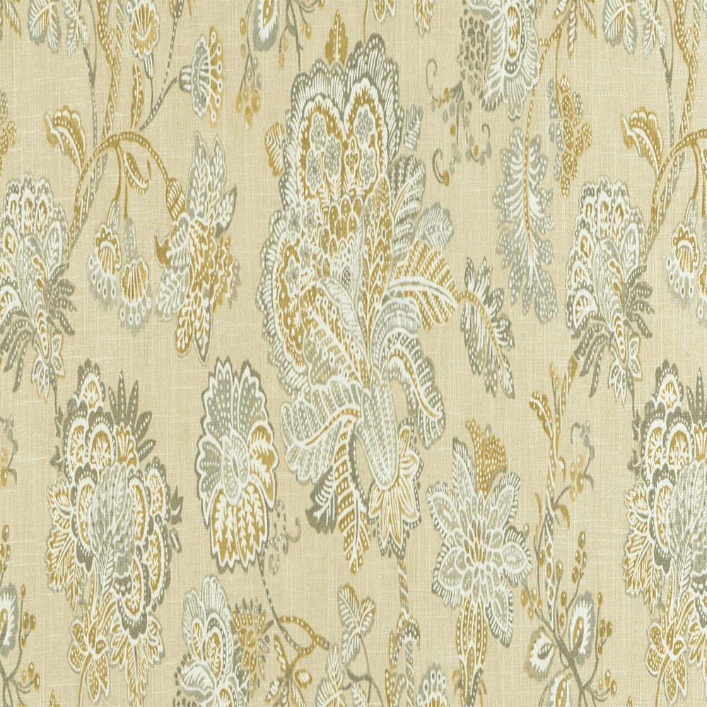 Rustic floral fabric with a pattern of flowers in brown and blue hues on a beige background| Sold by Beautiful Windows Elgin