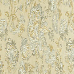 Rustic floral fabric with a pattern of flowers in brown and blue hues on a beige background| Sold by Beautiful Windows Elgin
