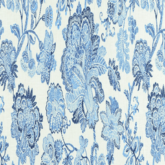 A fabric with a blue and white floral pattern on a white background| Sold by Beautiful Windows Elgin