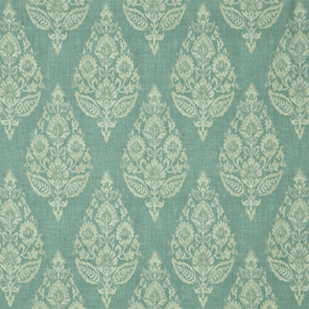 A swatch of spa green decorative drapery fabric with a floral pattern | Beautiful Windows Elgin