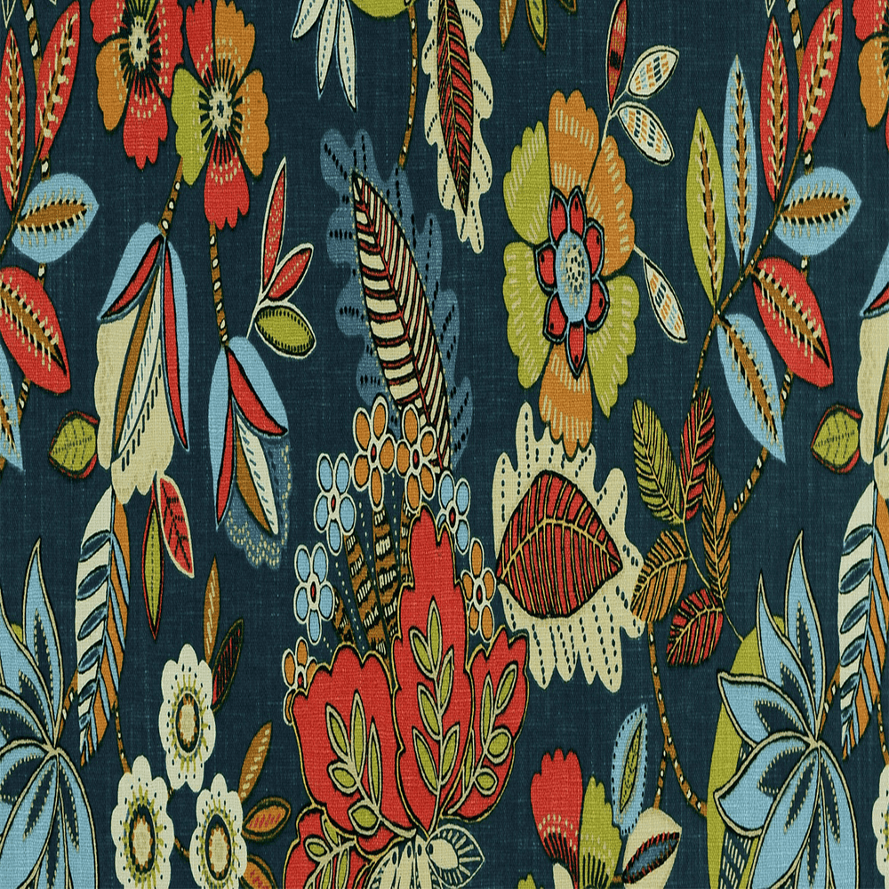 Floral pattern in red, blue, and navy colors on a navy background | Beautiful Windows Elgin