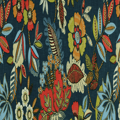 Floral pattern in red, blue, and navy colors on a navy background | Beautiful Windows Elgin