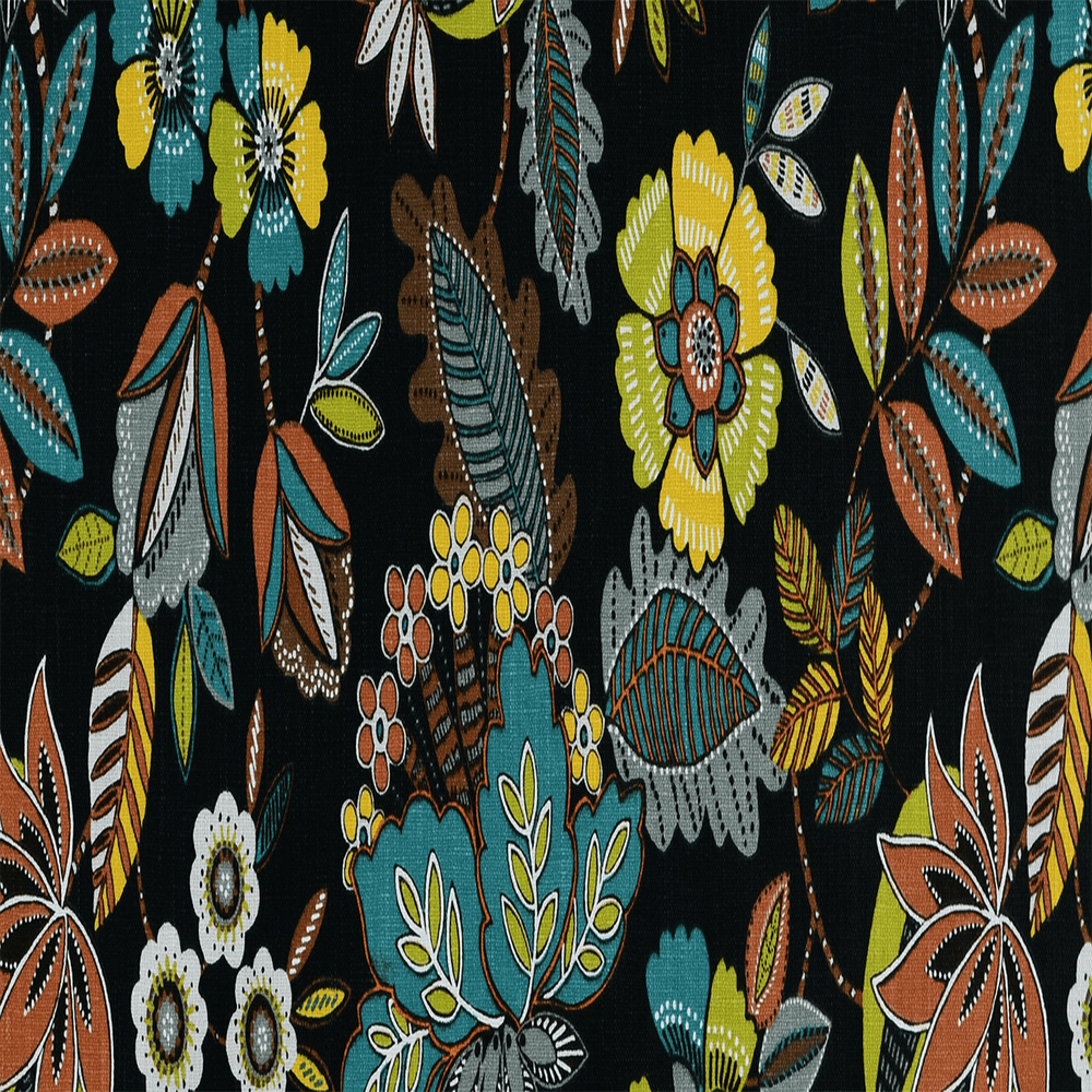 A woven black cotton fabric with a vibrant floral pattern in red, blue, and green colors.