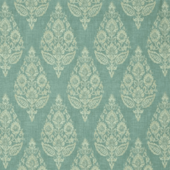 A swatch of spa green decorative drapery fabric with a floral pattern | Beautiful Windows Elgin