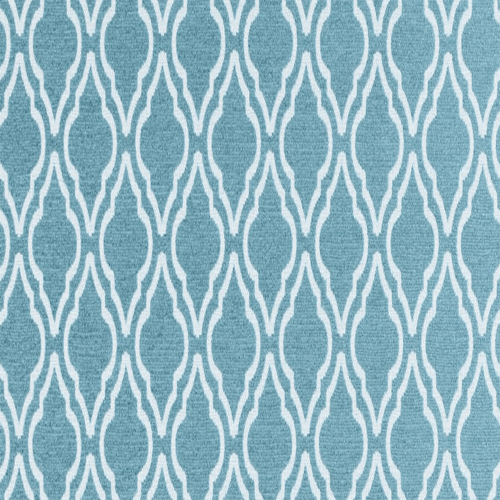 Close-up view of a geometric patterned upholstery fabric in shades of green and blue| Sold by the Yard