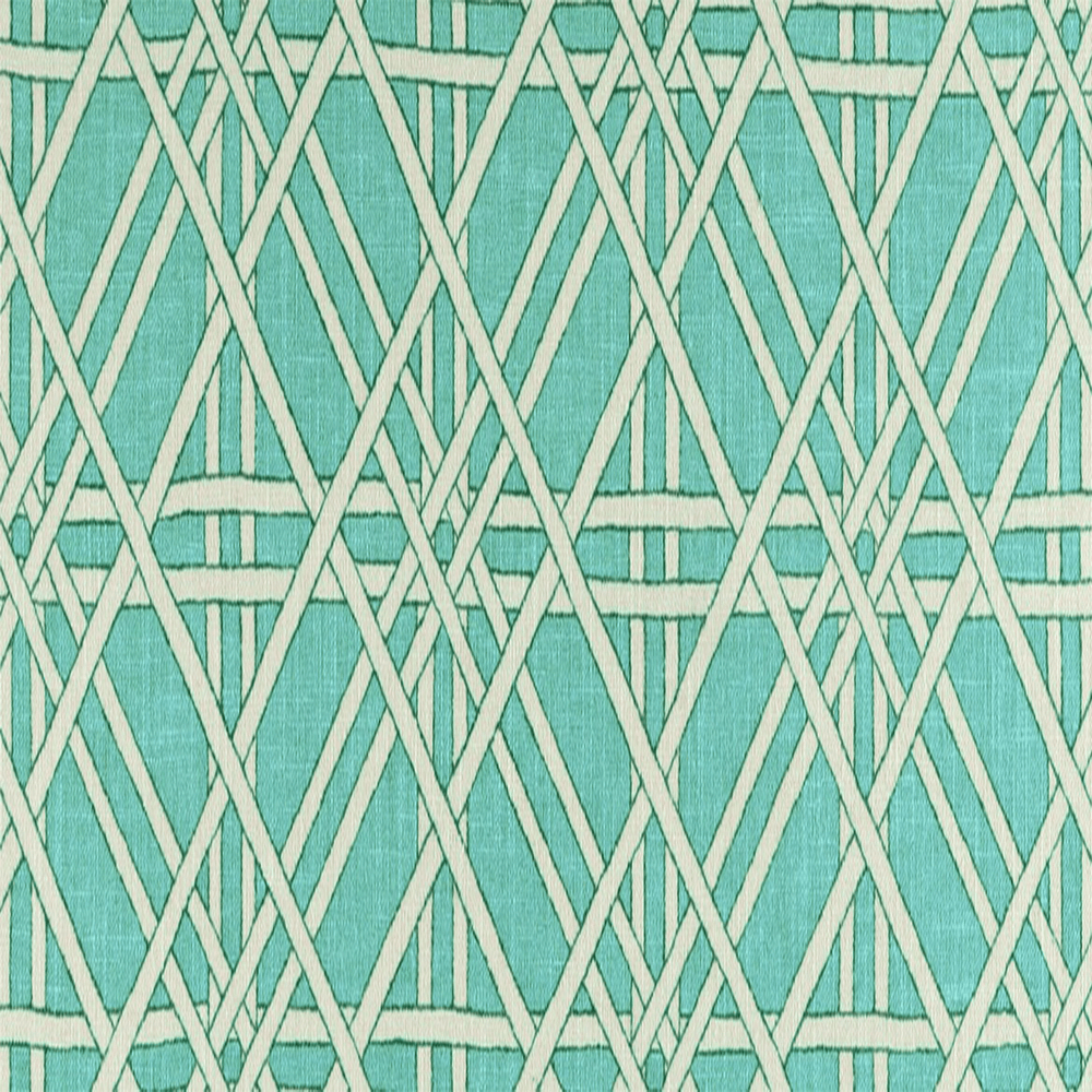 Teal-colored drapery fabric with a white lattice geometric pattern |Beautiful Windows Elgin
