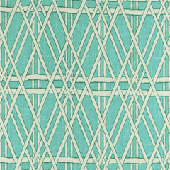 Teal-colored drapery fabric with a white lattice geometric pattern |Beautiful Windows Elgin
