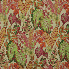 A fabric with a multicolored floral and leaf pattern, designed for home decor applications.
