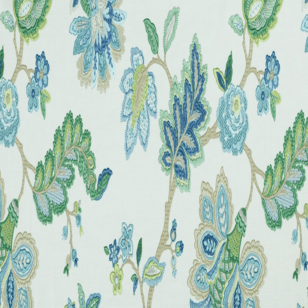 A floral-patterned fabric with blue, green, and white colors |Offered by Beautiful Windows Elgin, a trusted U.S. online fabric store with nationwide shipping.