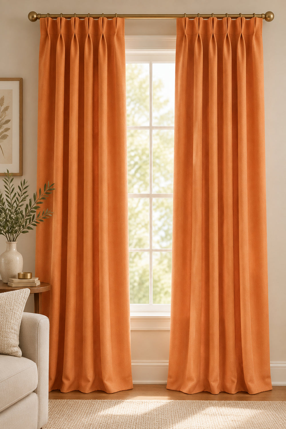 A solid orange colored pleated panel fabric.